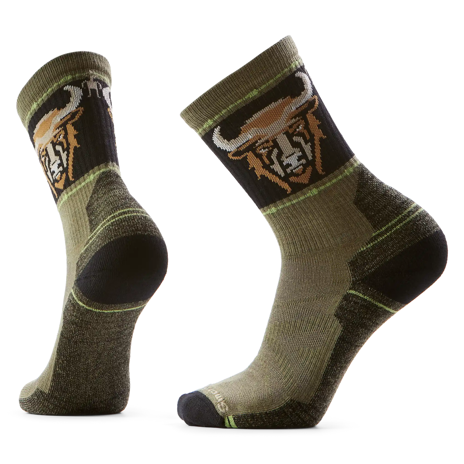 Chaussette de randonnée Smartwool Bison pour homme en laine mérinos, coloris mousse d'hiver avec motif tête de bison