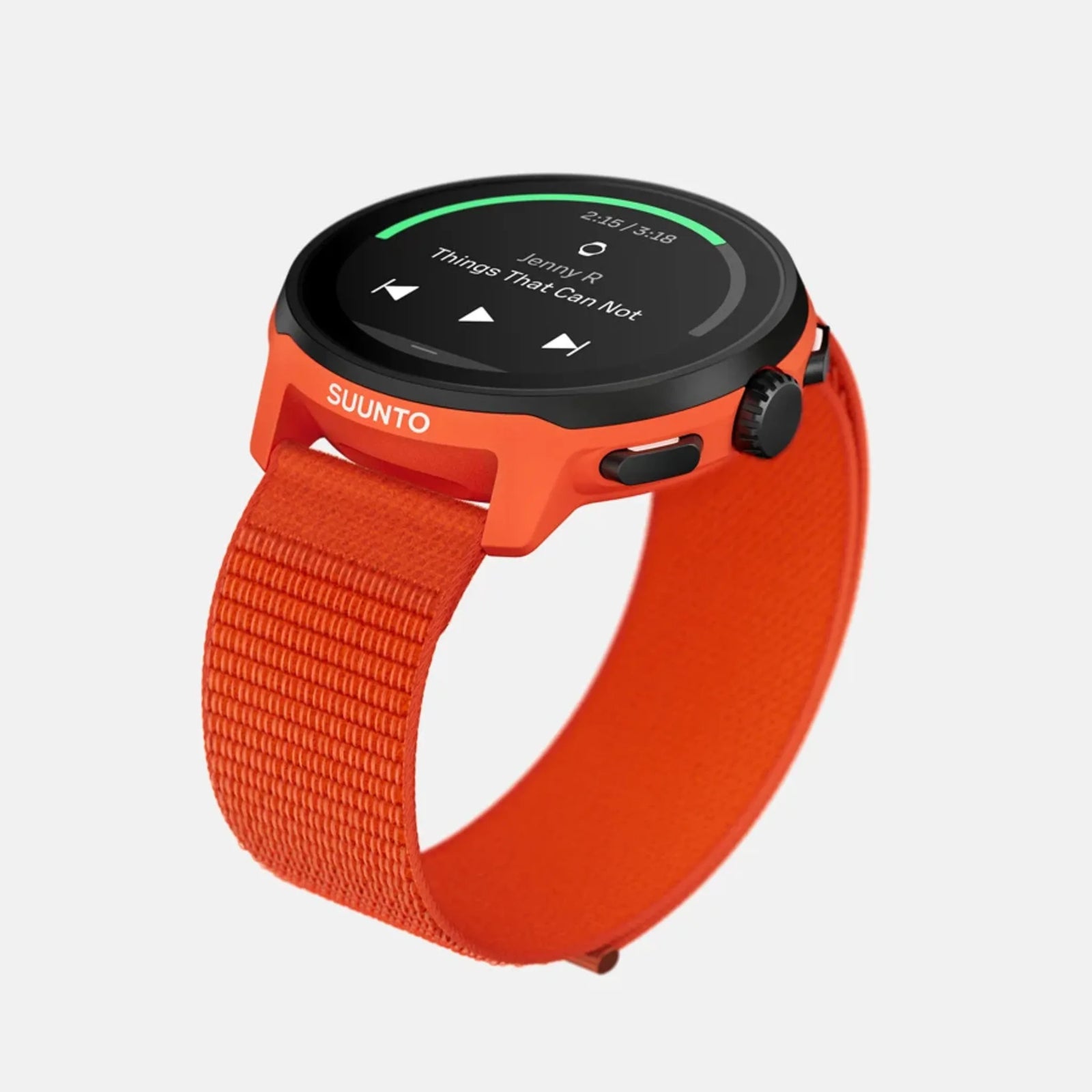 Suunto Run GPS running watch, Coral Orange colour (textile strap) — high-angle three-quarter view
