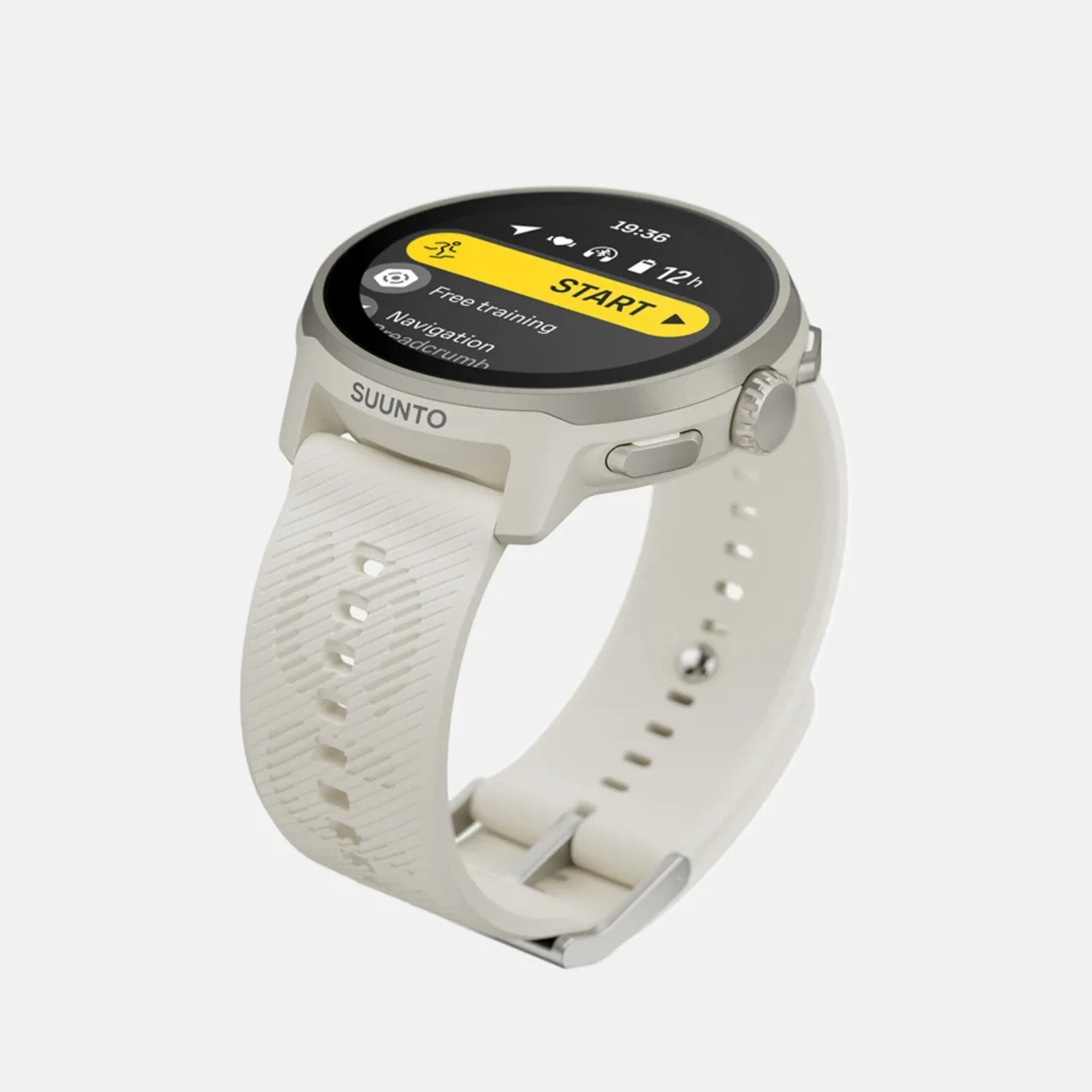 Suunto Run GPS running watch, Frost Gray colour (silicone strap) — high-angle three-quarter view