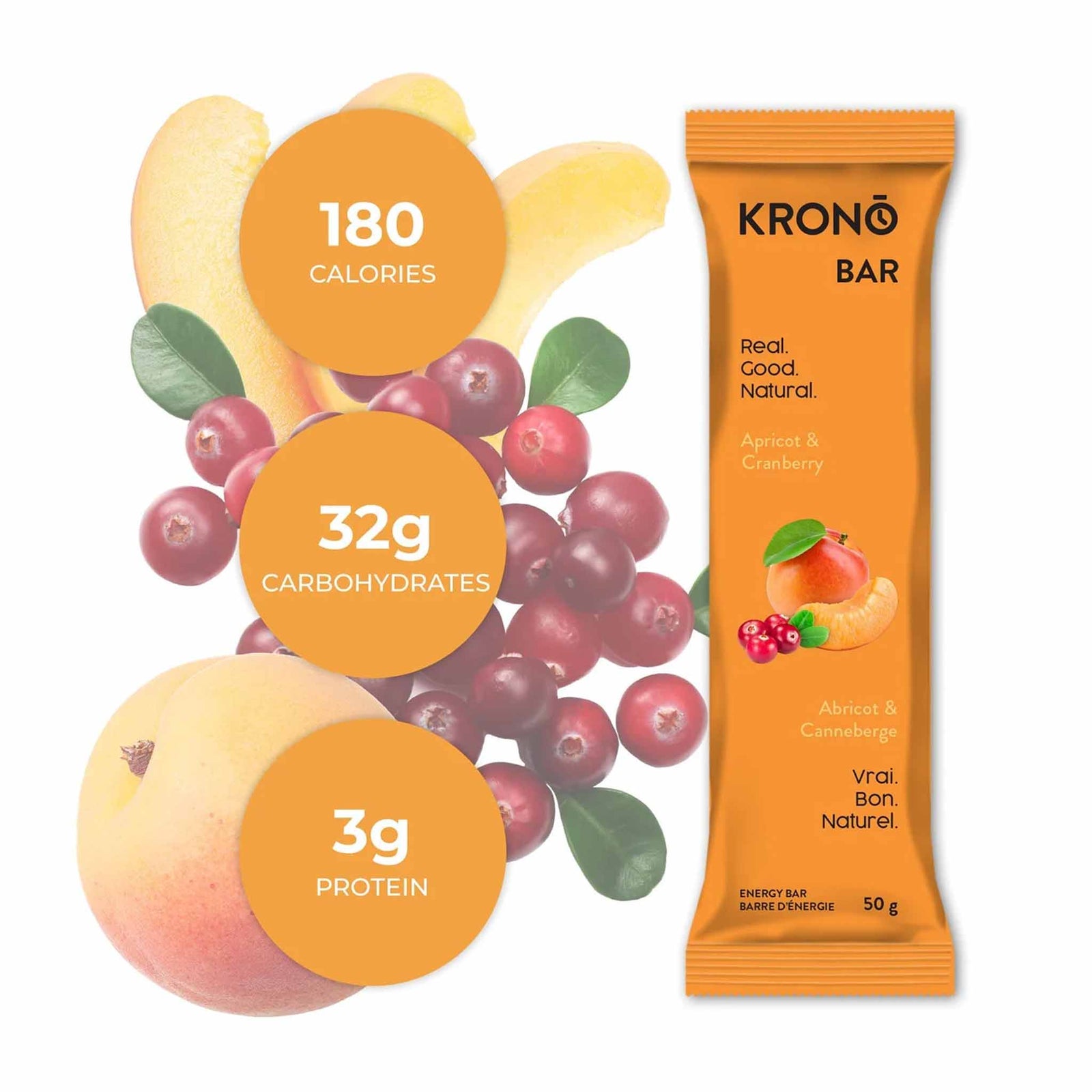 Krono Barre énergétique Abricot et canneberge - Boîte de 12