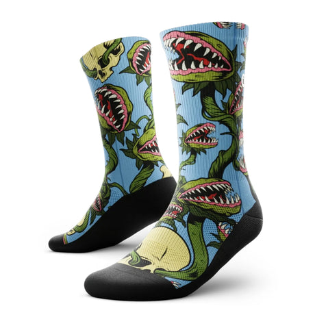 Outway Plants Gone Wild Crew unisex running sock - Blue / Green - pair, three-quarter view