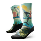 Outway Splashtacular Crew unisex running sock - Blue / Green - pair, three-quarter view