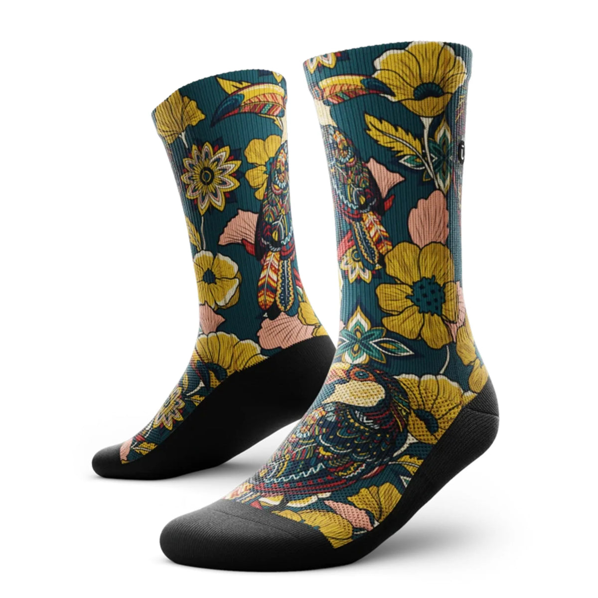 Outway Toucan Tango Crew unisex running sock - Blue / Yellow - pair, three-quarter view