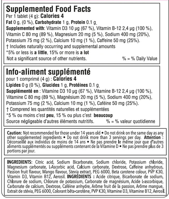 Krono Nutrition Passion Fruit & Mango Effervescent Electrolyte Tablets with Caffeine