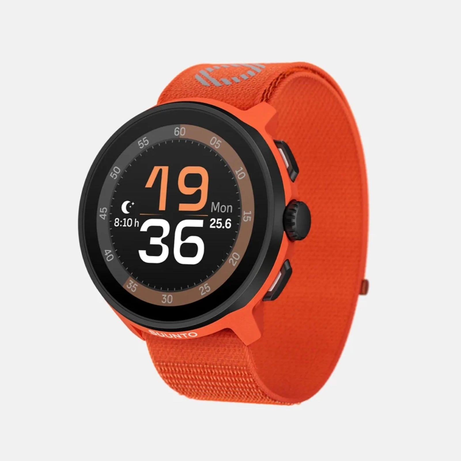 Suunto Run GPS running watch, Coral Orange colour (textile strap) — three-quarter view
