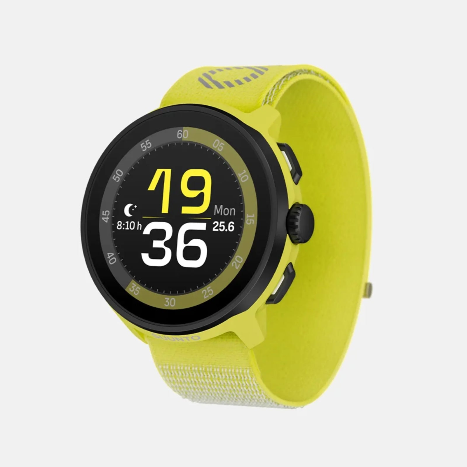 Suunto Run GPS running watch, Lime colour (textile strap) — three-quarter view