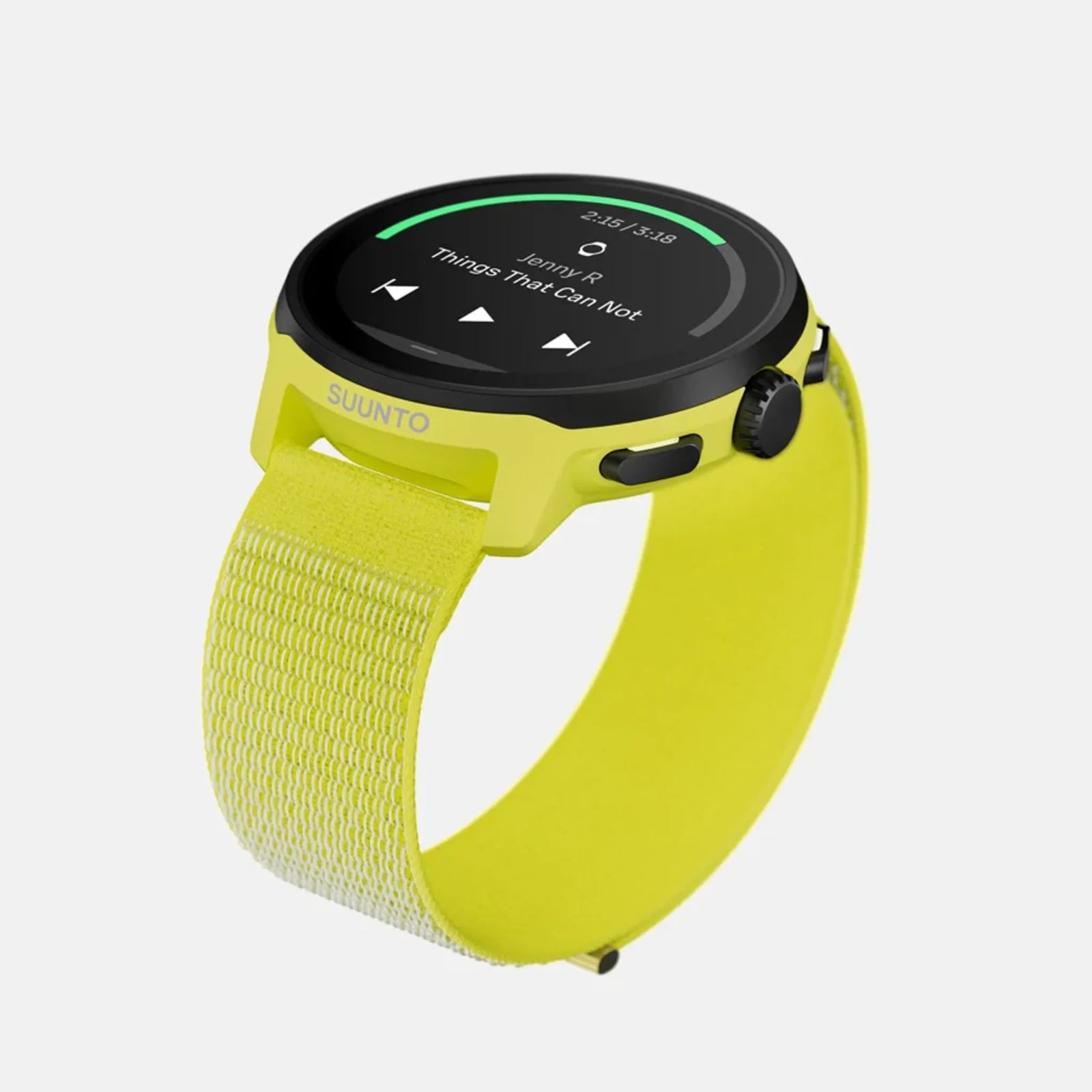 Suunto Run GPS running watch, Lime colour (textile strap) — high-angle three-quarter view