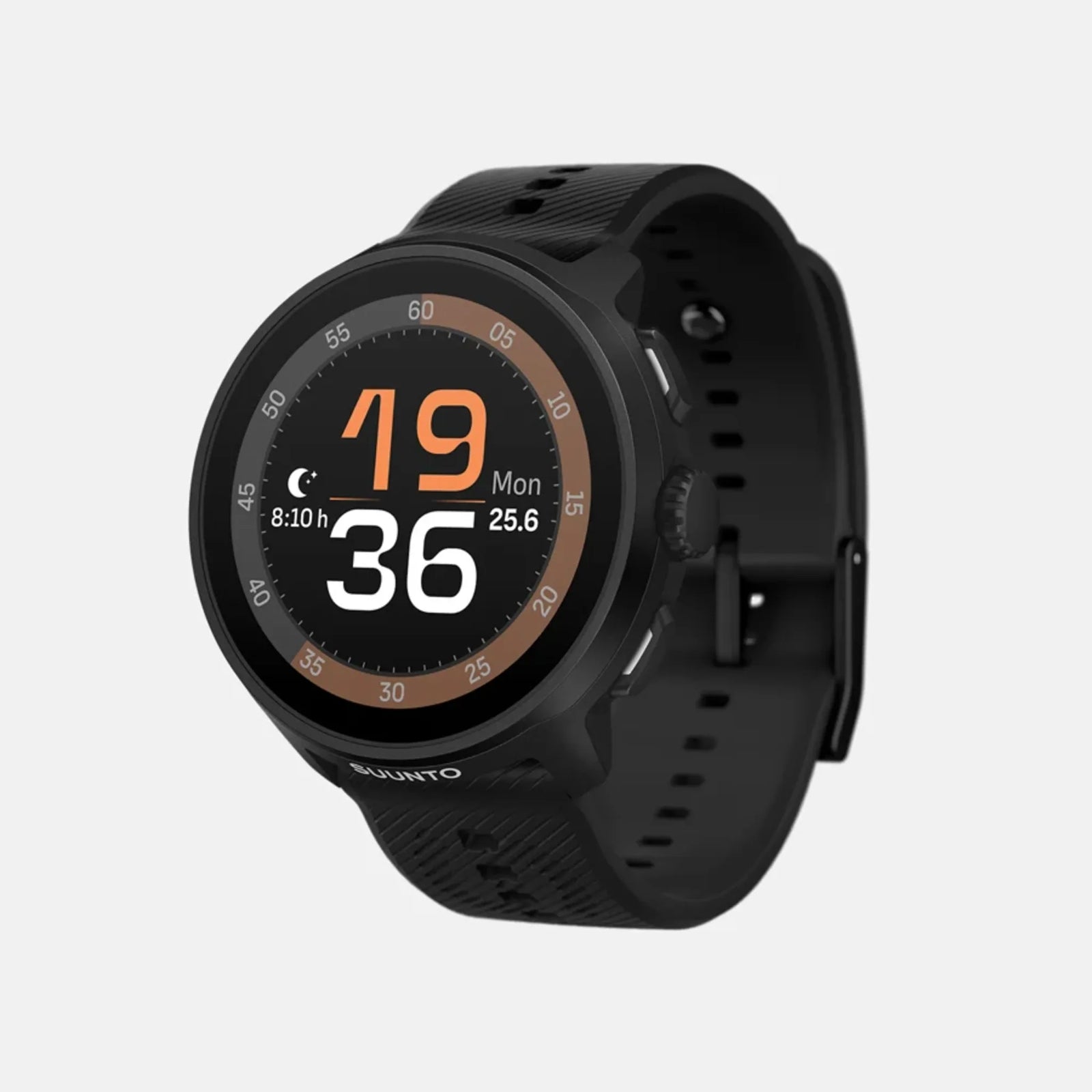 Suunto Run GPS running watch, All Black colour (silicone strap) — front view