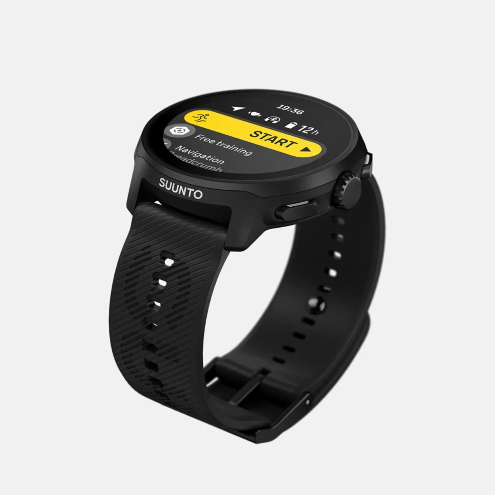 Suunto Run GPS running watch, All Black colour (silicone strap) — high-angle three-quarter view