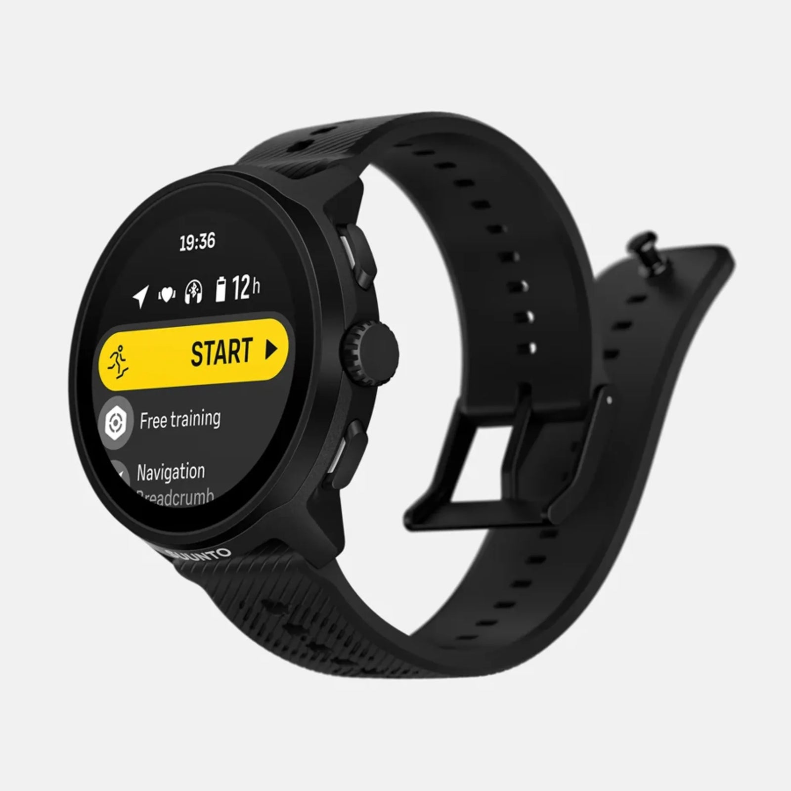 Suunto Run GPS running watch, All Black colour (silicone strap) — right three-quarter view